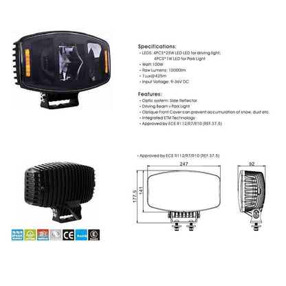 Универсален LED фар 100W 12V/24V с DRL/parking светлина бяло-жълто