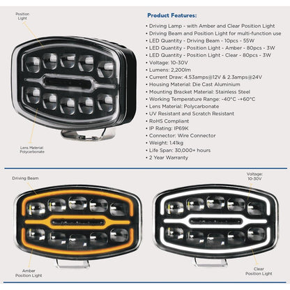 1бр LED фар 55W 12V - 24V с DRL светлина бяло-жълто 245x159x90mm