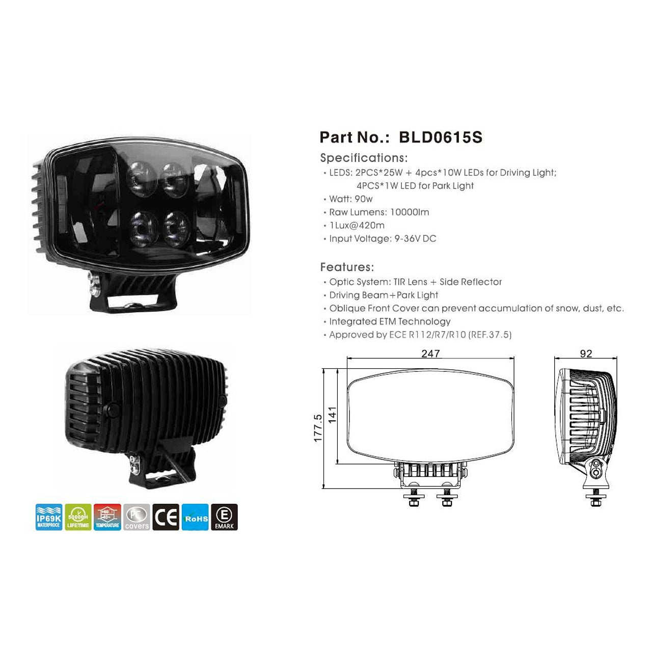 Универсален LED фар 90W 12V /24V с DRL/parking светлина бяло-жълто