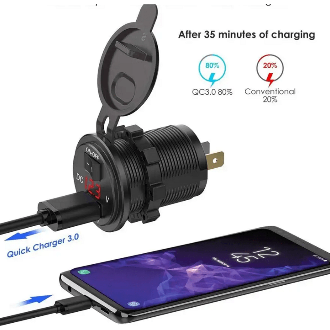 Универсално QC USB 3.0 бързо зарядно за вграждане с VOLT -метър